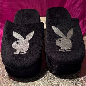 PLAYBOY Black Slippers with Silver Logo